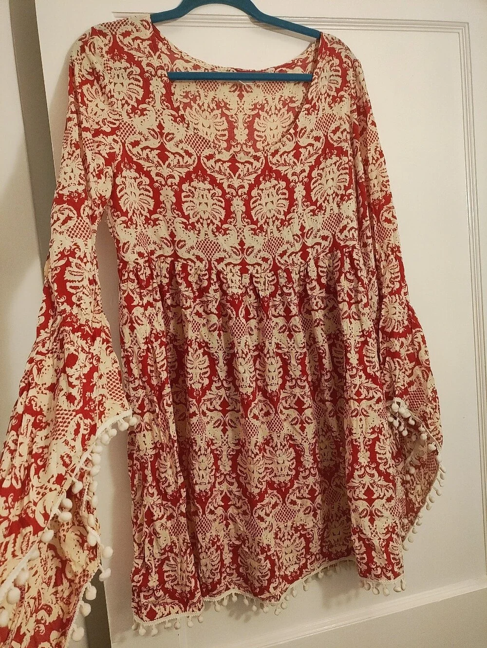 Velzera Womens S Boho Tunic Top Red Cream Bell Sleeve Pom Pom Trim